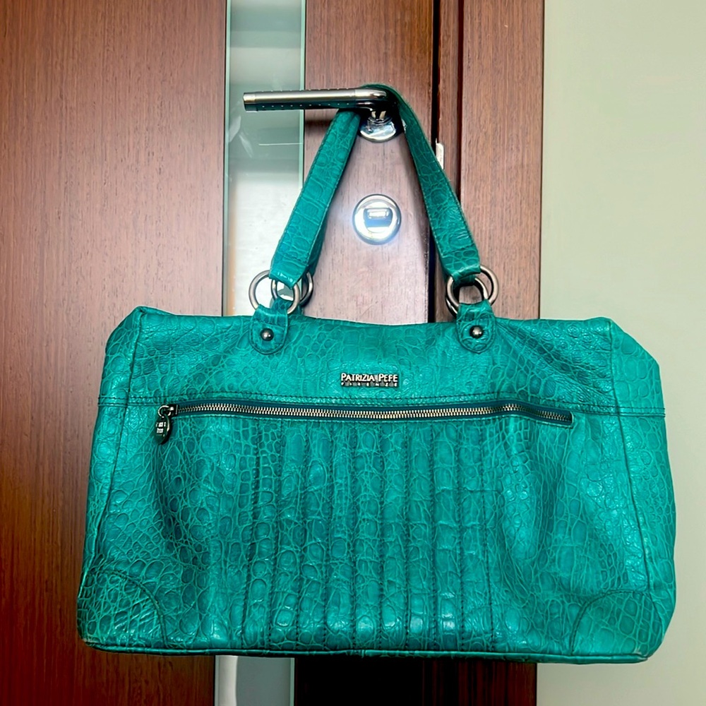 Patrizia Pepe Leather Embossed Teal 2-Way Tote Hobo Bag Vintage